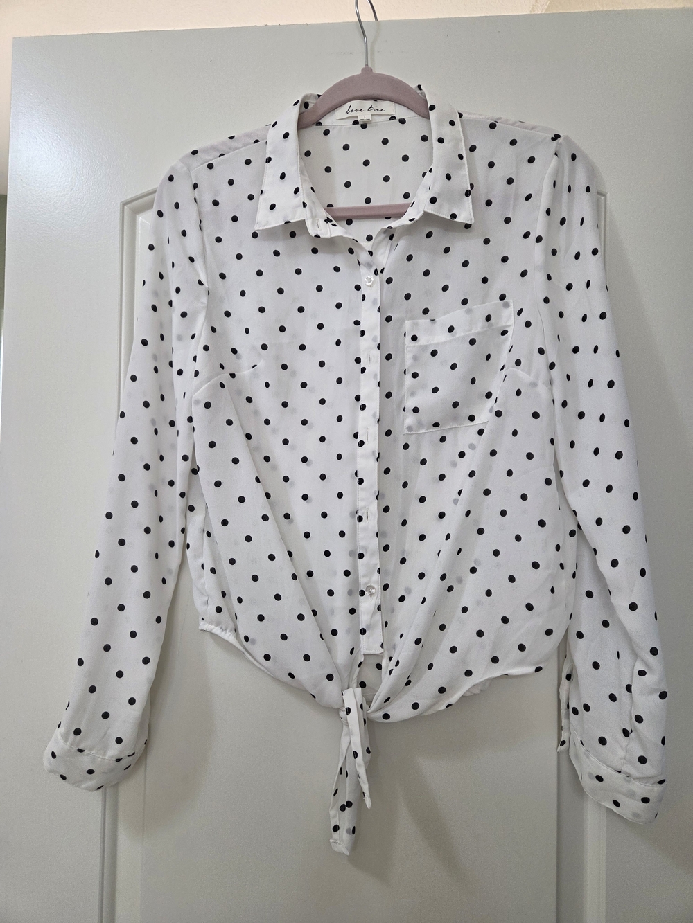 Love Tree White Button-Down Shirt with Black Polka Dots